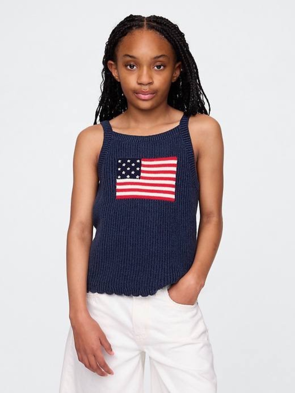 Girls' Navy Knit Tank Top with Flag Patch